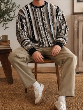 Vintage 90s Coogi-Style 3D Knit Sweater Beige Black Textured Retro
 Sweater